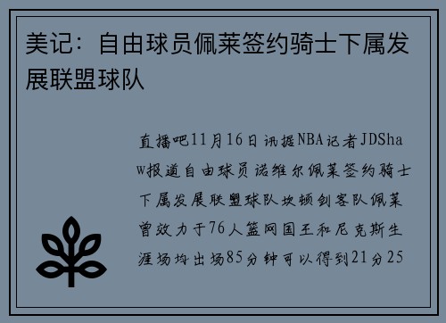 美记：自由球员佩莱签约骑士下属发展联盟球队