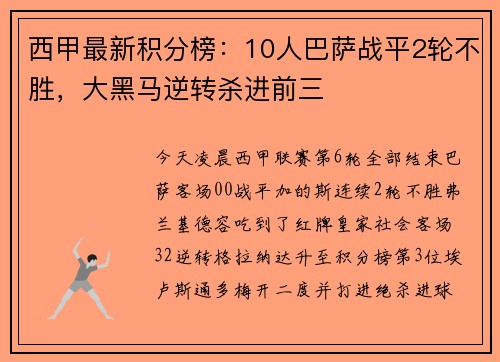 西甲最新积分榜：10人巴萨战平2轮不胜，大黑马逆转杀进前三