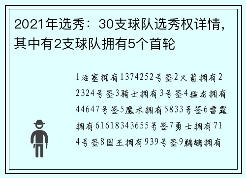 2021年选秀：30支球队选秀权详情，其中有2支球队拥有5个首轮